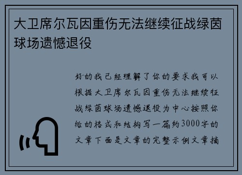 大卫席尔瓦因重伤无法继续征战绿茵球场遗憾退役
