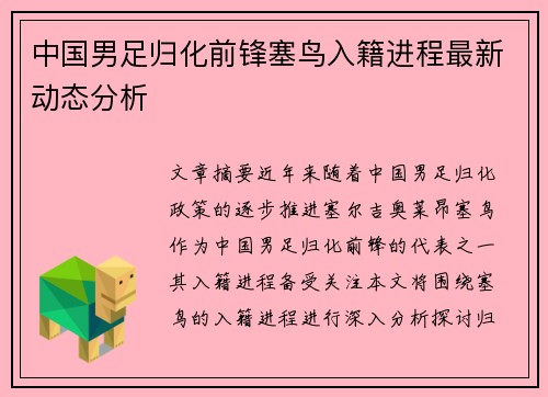 中国男足归化前锋塞鸟入籍进程最新动态分析 中国男足归化前锋塞鸟入籍进程最新动态分析
